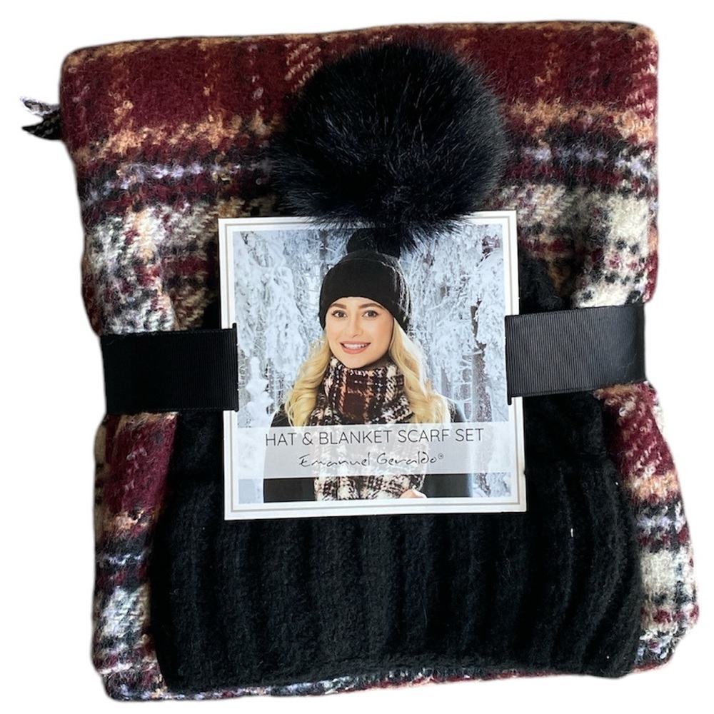 Emanuel Geraldo NWT Maroon Plaid Scarf & Black Pom Beanie Hat Set, Women’s OS